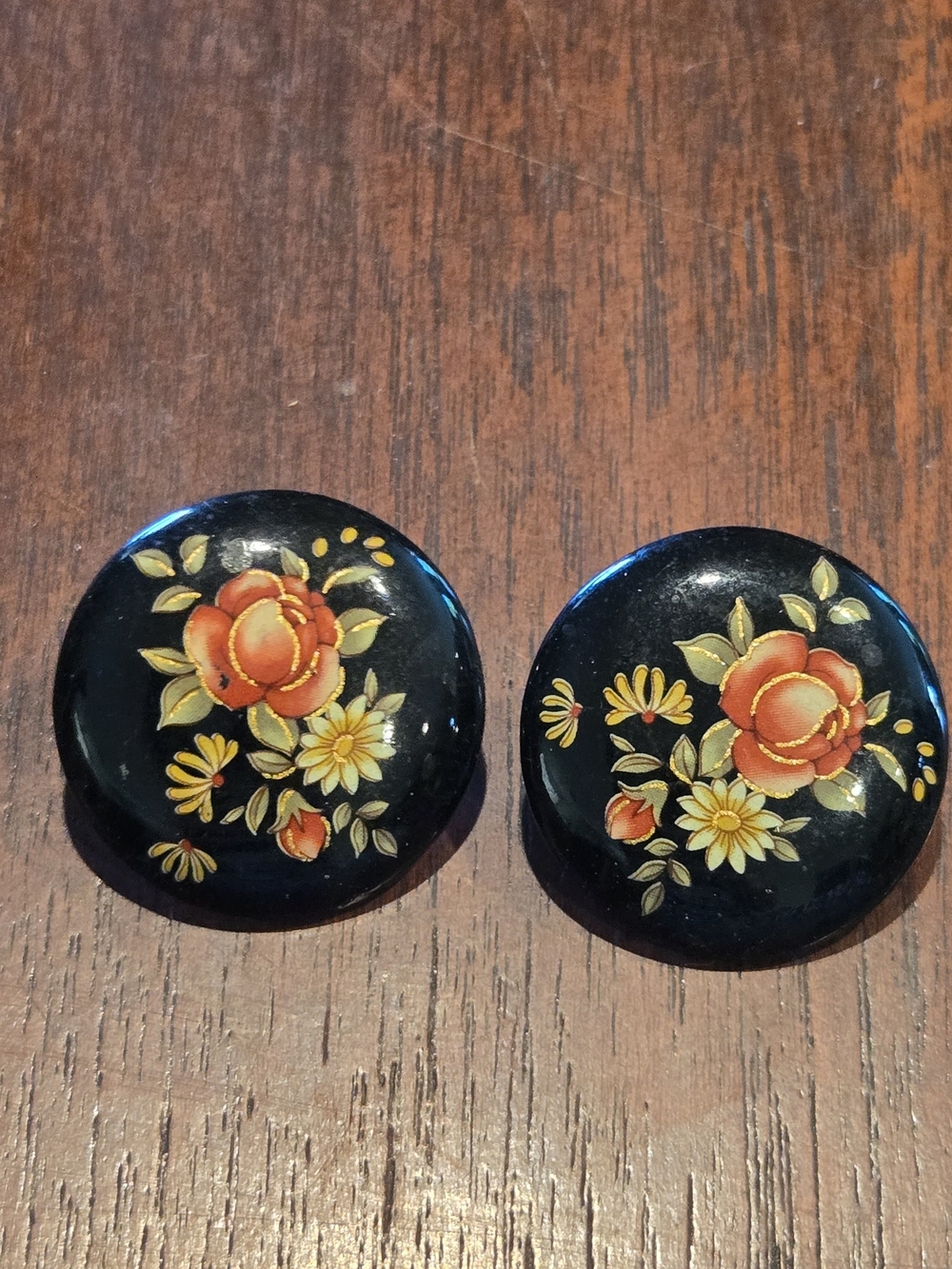 Vintage Hand-Painted Black Floral Round Earrings - Orange & Yellow